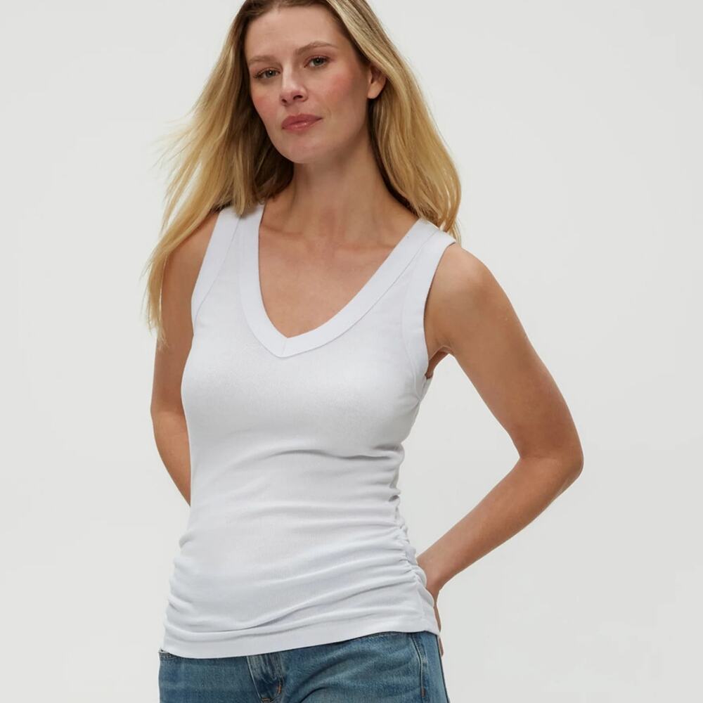 Michael Stars Women's Blanche White V-Neck Ribbed Tank Ruchced Sides‎ - Size XL